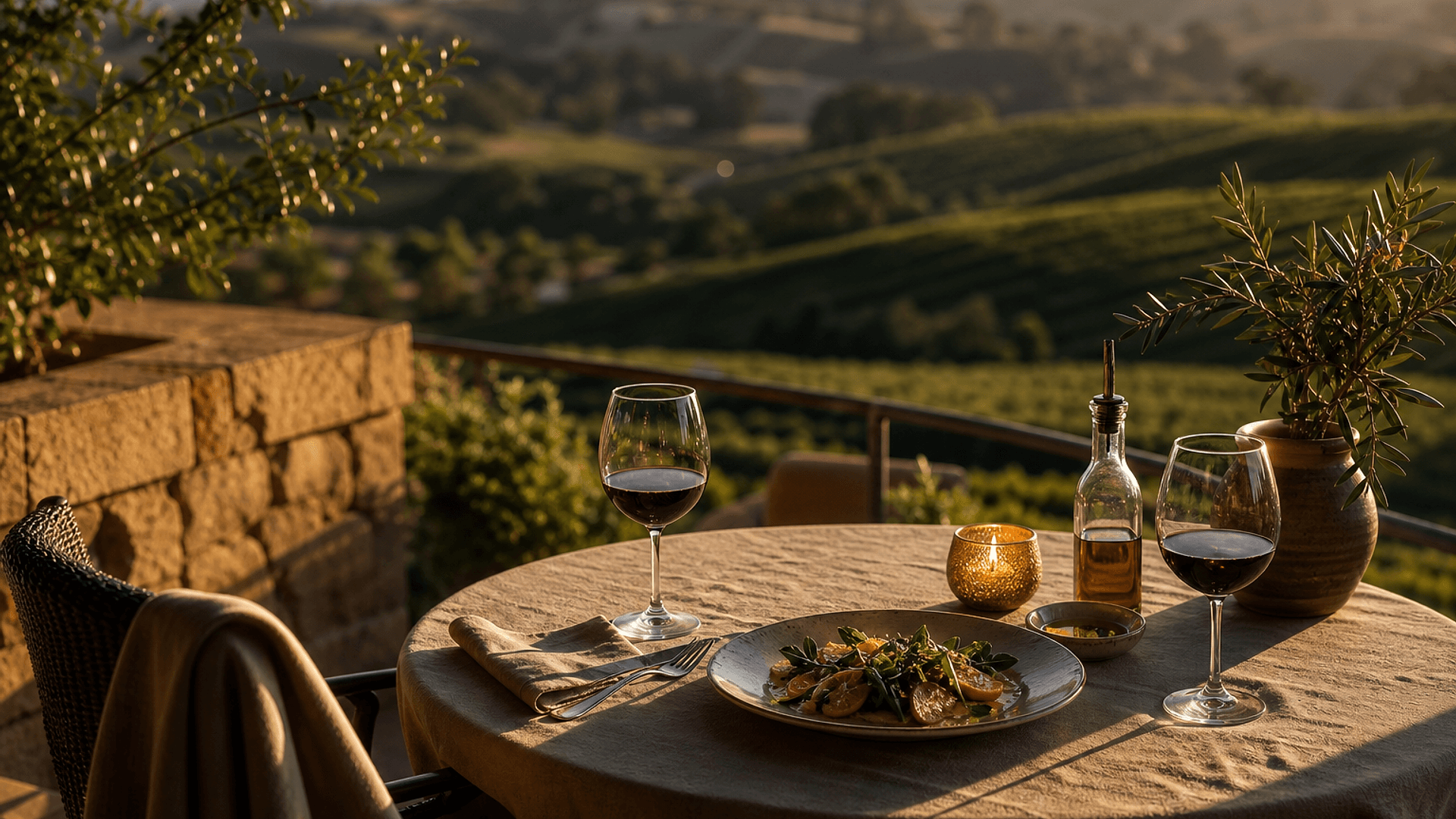 A table set on the restaurant terrace at dusk