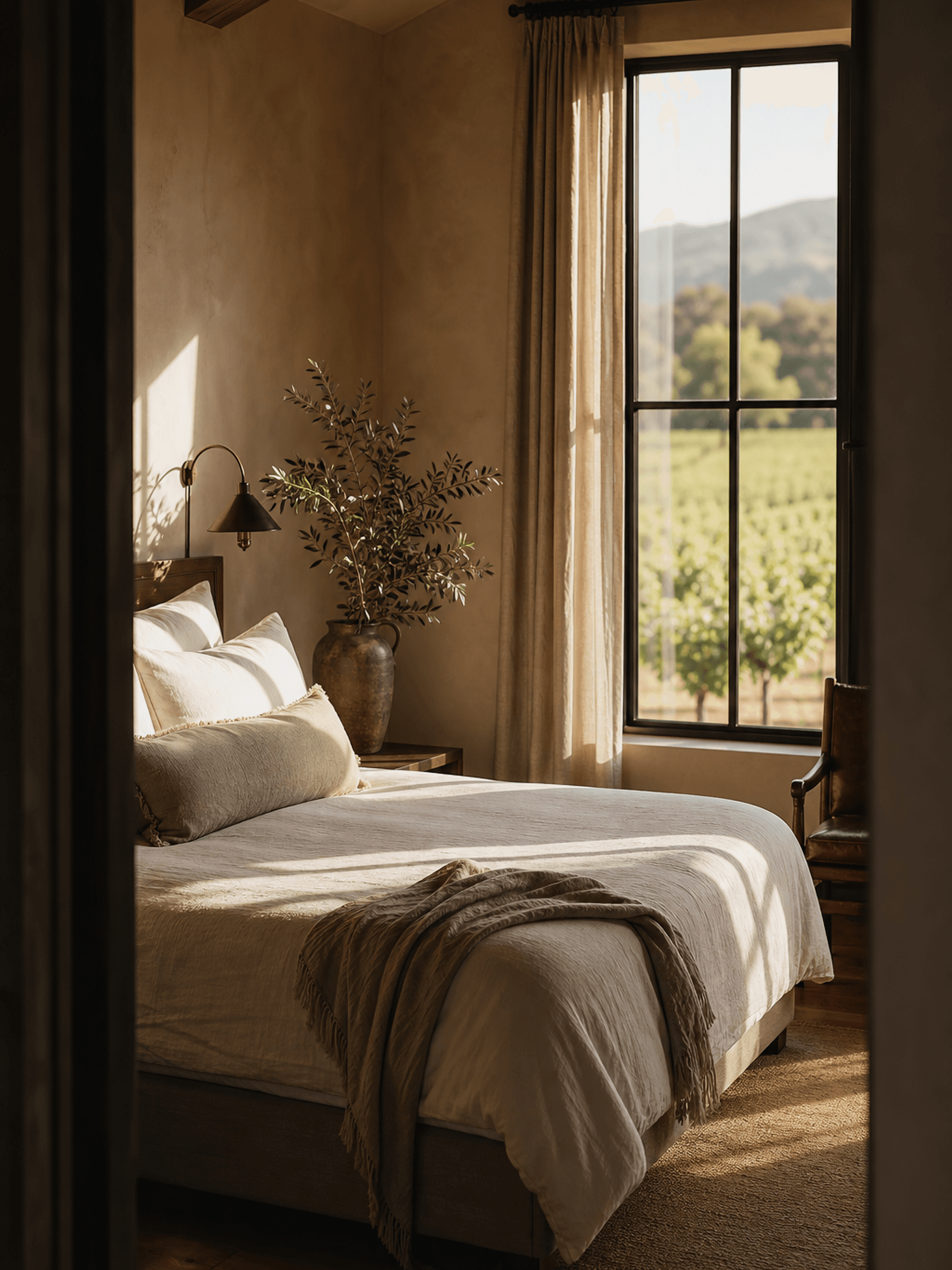 A guest room at Calistoga House in late afternoon light